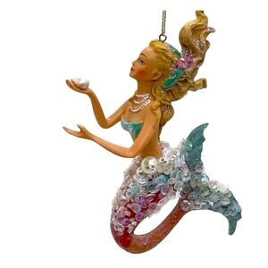 Mermaid Christmas Ornament Pearl Sequin Tail Hand Painted Ocean Fantasy Decor